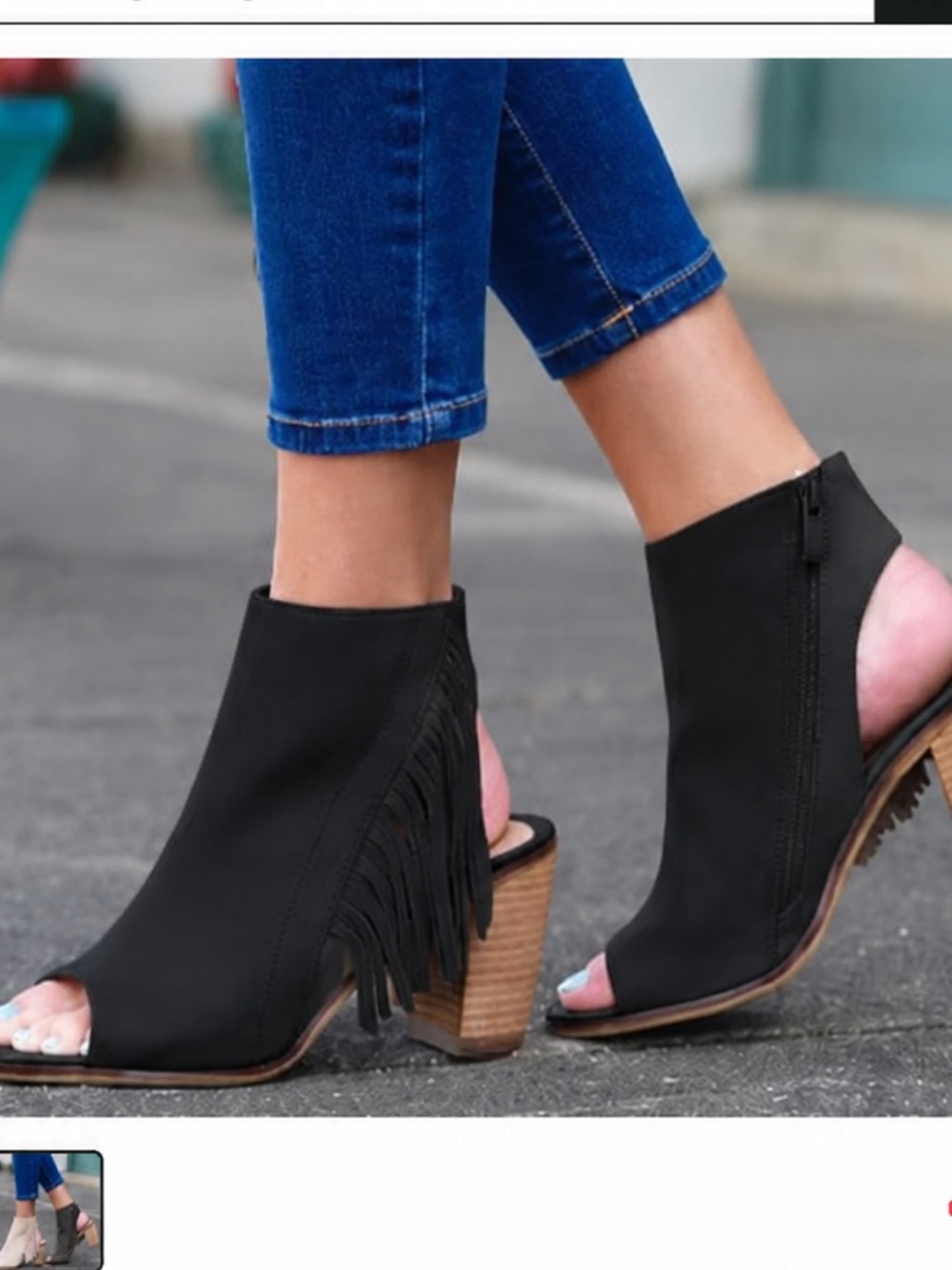 Black faux leather Peep Toe Chunky Heel Slingback Fringe Booties - Women